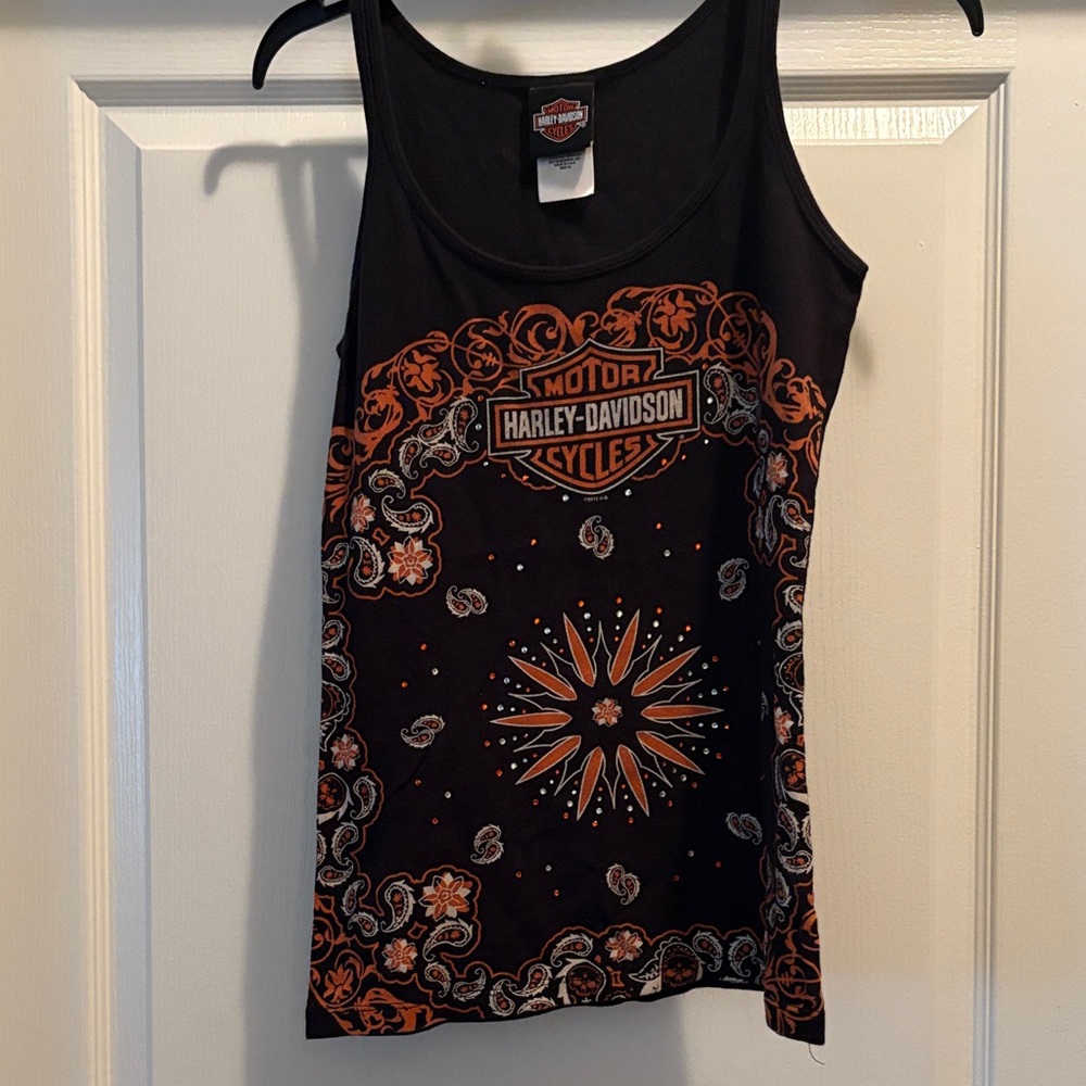 Harley-Davidson Women's Black and Orange Graphic Tank Top